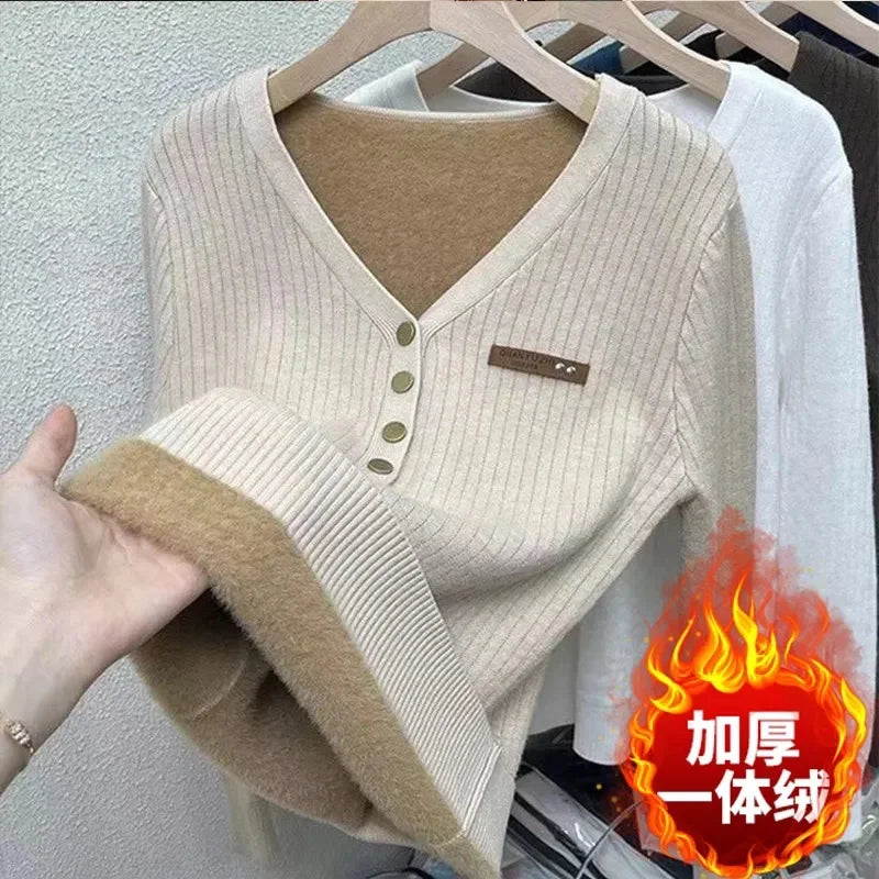 2024 Thicken Velvet V-neck Sweater Women Korean Fashion Lined Warm Sueter Knitted Pullover Slim Top Winter Jersey Knitwear Jumpe