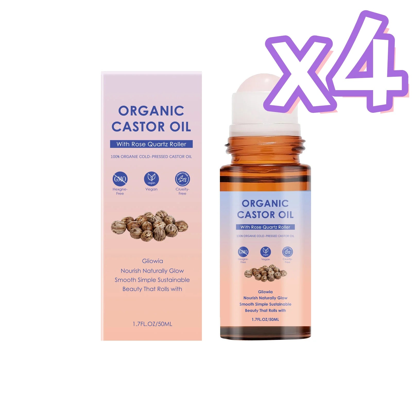 Organic Castor Oil Rose Quartz Roller Ball Moisturizing Skin Barrier Deep Repair Soothing Skin Cold-Pressed Natural Castor Oil