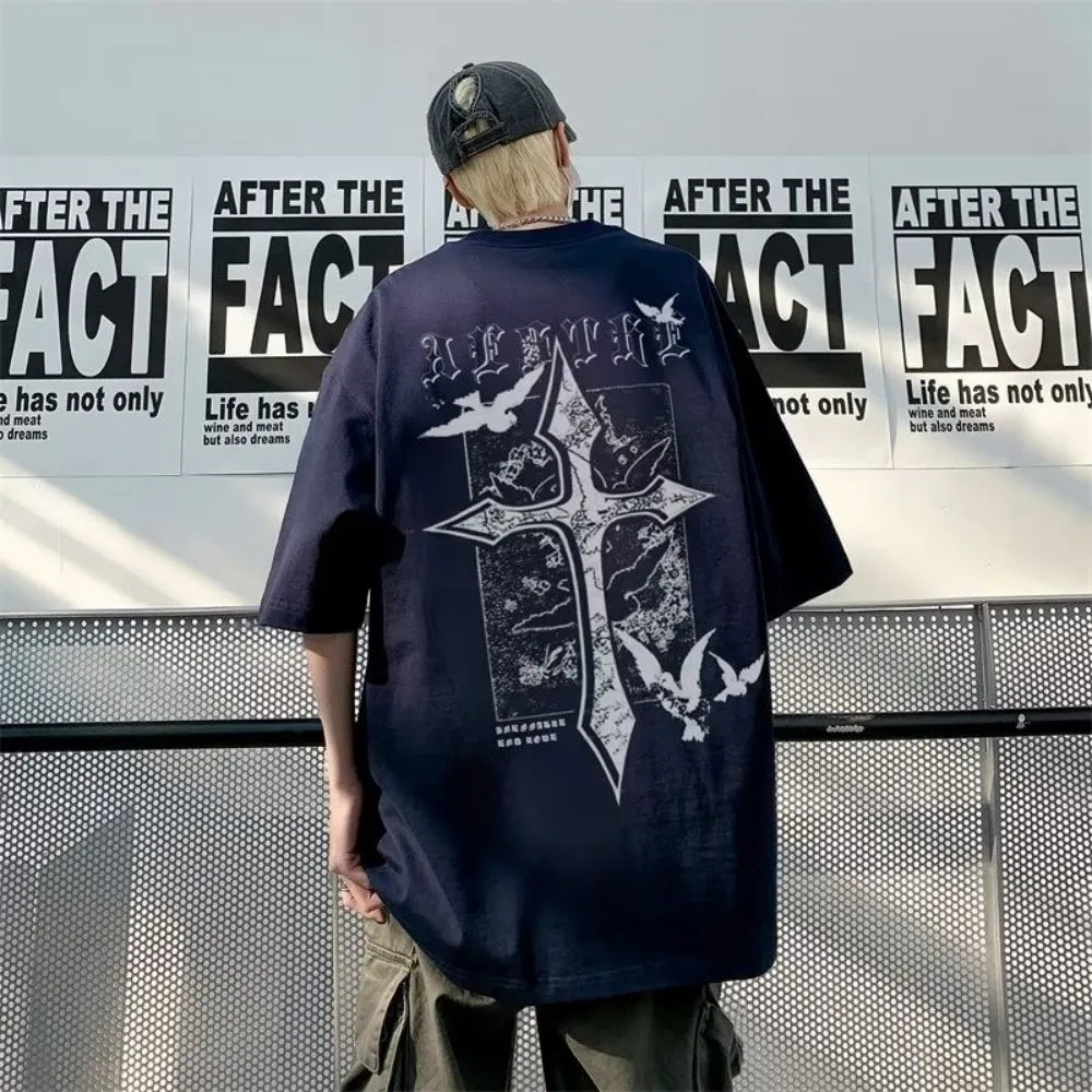 Hot selling trend summer men's cross letter print comfortable and breathable round neck T-shirt outdoor casual high street top