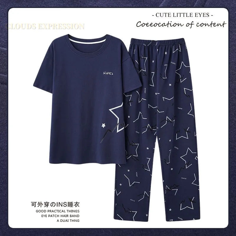 L-5XL Summer Elegant Men Pyjamas Knited Cotton Pajamas Set Long Pant Sleepwear Pyjamas Night Suits Pijamas Plus Size Homewear PJ