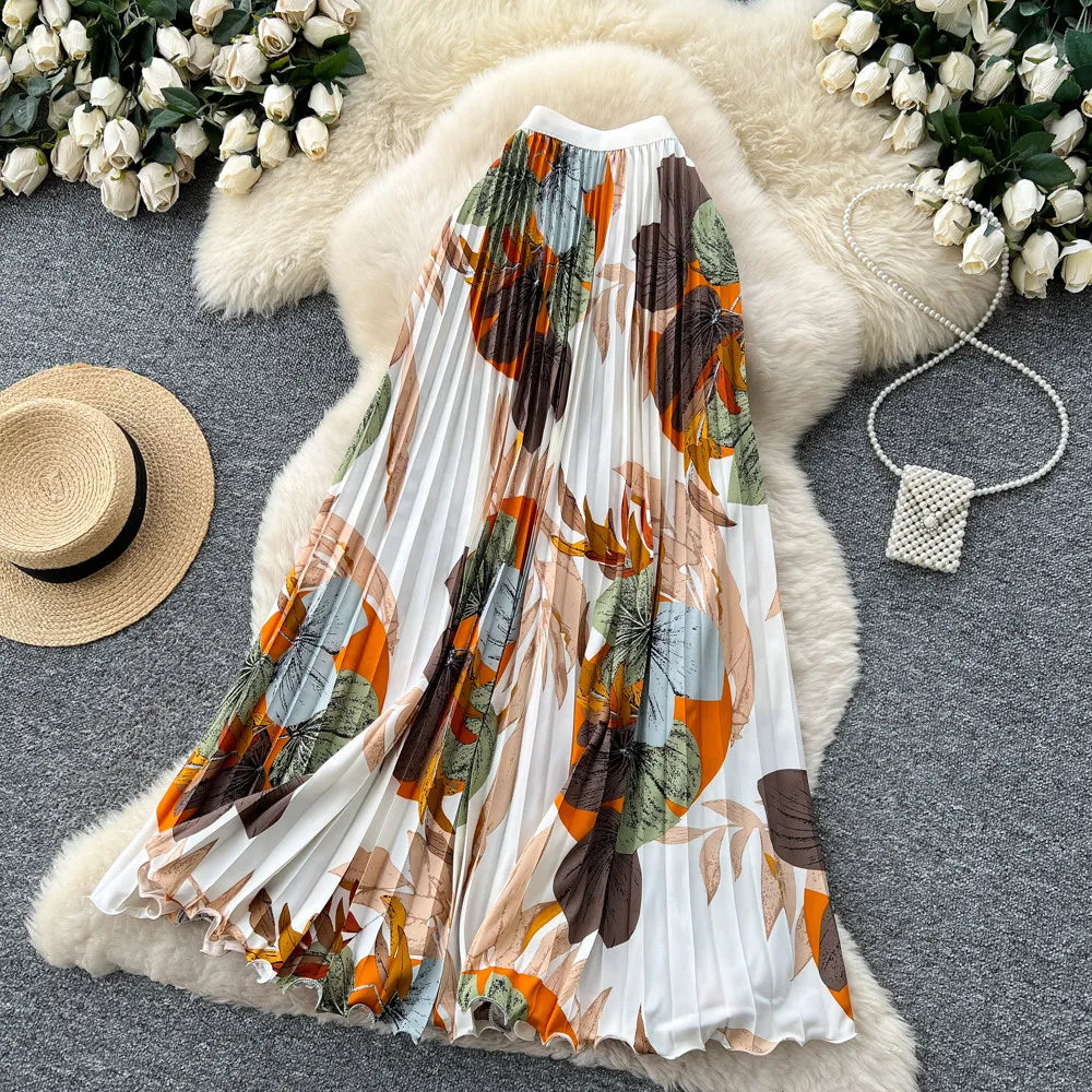 2026 New Summer Women Temperament Vintage All-match Skirt High Waist Printing Medium Length A-line Pleated Big Skirt Skirt