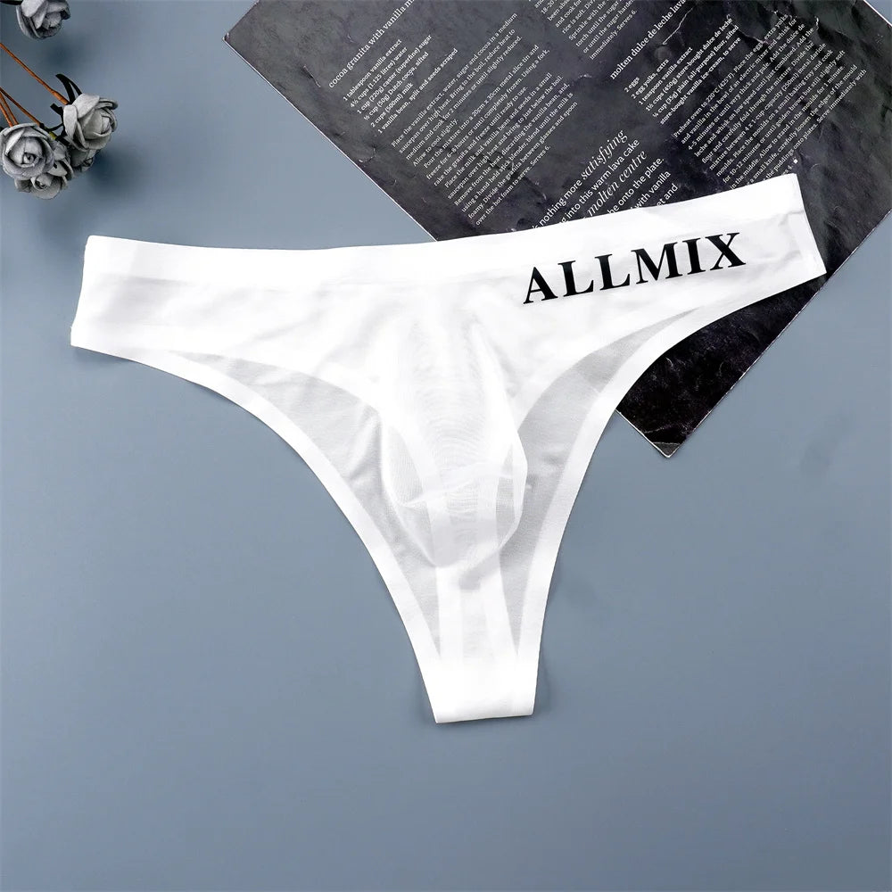 Sexy Transparent Man Ice Silk Underwear Male Thongs Sports Letter Waist Ultra Thin Seamless G-string Panties Low Rise Breathable