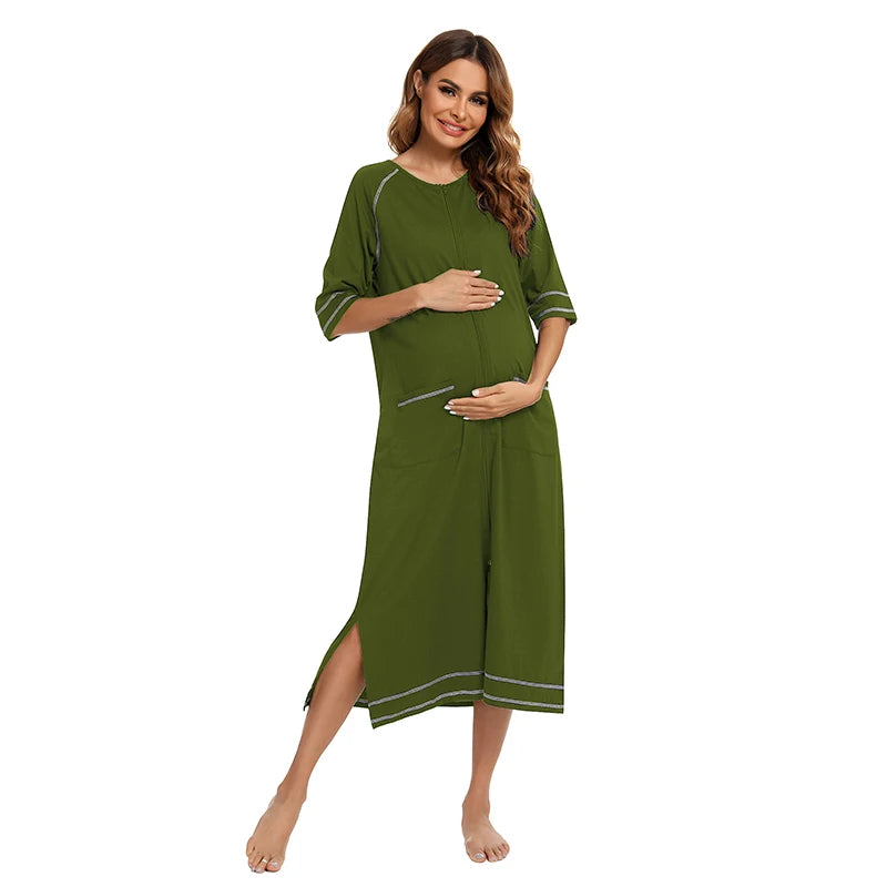 Zipper Women Sleepwear Pajama Maternity Dress 3/4Sleeve Nursing Baby Breastfeeding Nightdress Pregnancy Dress пижама хлопок