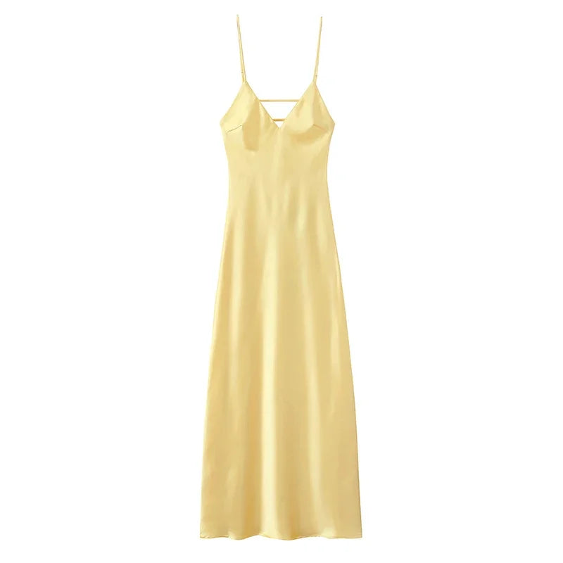 Summer Satin Deep V Neck Maxi Dresses Sleeveless Backless Lace Up Slim Fit Long Robes 2025 Lady New Holiday Fashion Clothing