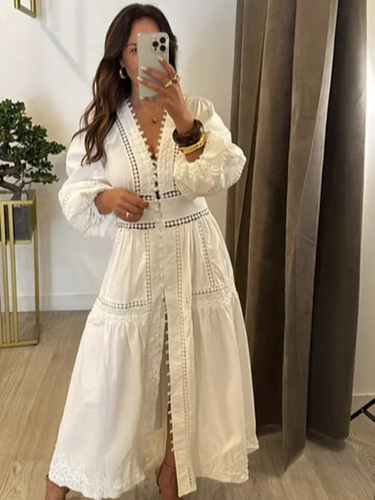Elegant Hallow Out Long Dress Women Lantern Sleeve Deep V-neck Single Breasted Loose Dresses 2025 Fashion Solid Office Robe Lady