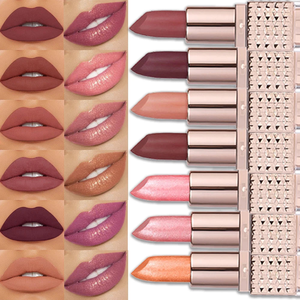 12 Colors Glitter Shiny Lipstick Waterproof Long Lasting Pearlescent Shimmer Lip Tint Diamond Easy Color Lipstick Deluxe Makeup