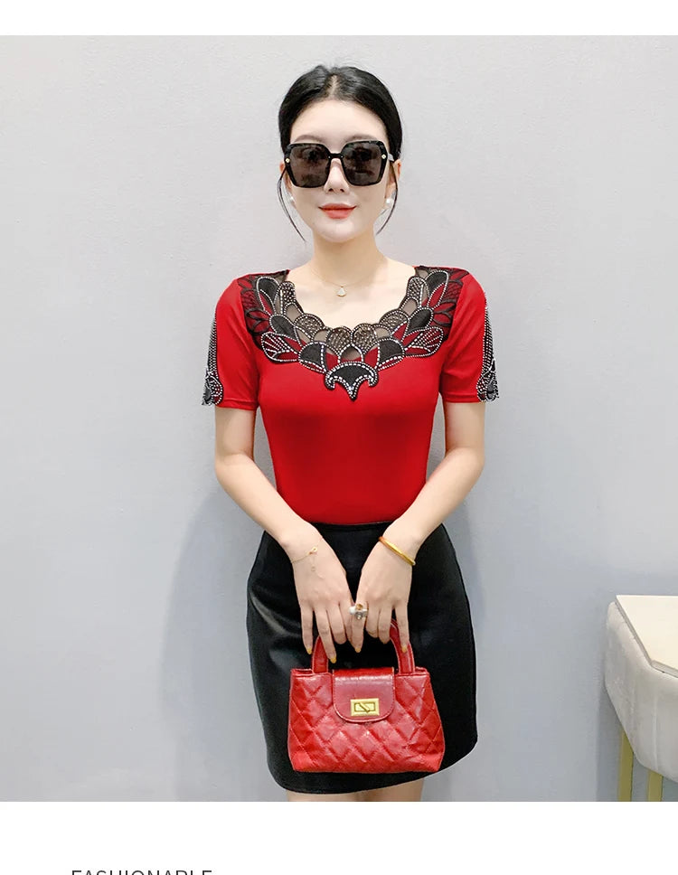 Fashion O-Collar Rhinestone Lace Patchwork Female Top Chic High Elasticity Soft Mesh Short Sleeve Temperament Women's T-Shirt