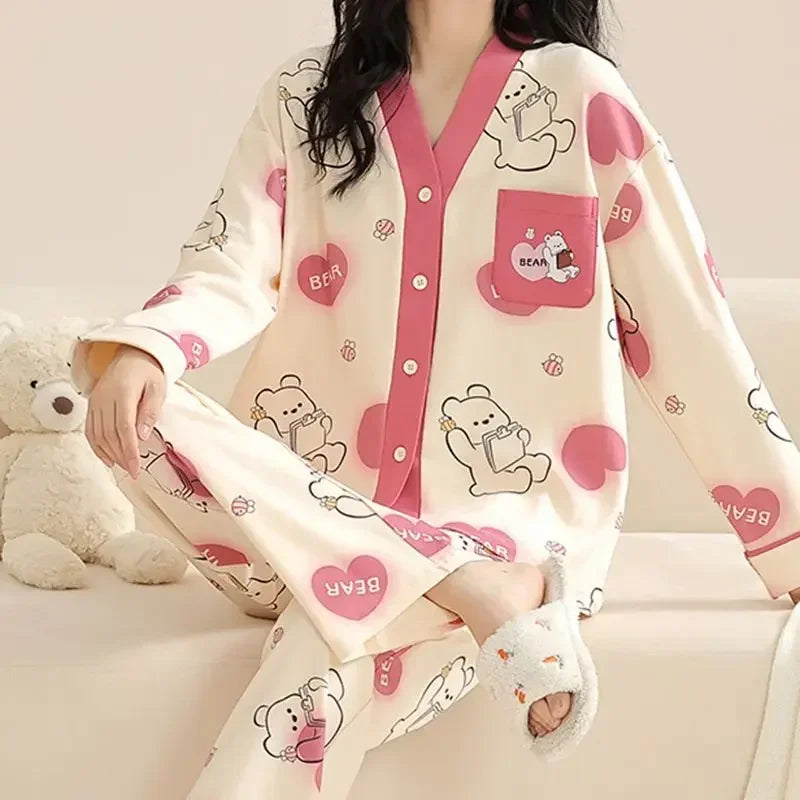 Elizabeth Duck Japanese Kimono Autumn Winter Women Pajamas Sets Faux Cotton Long Sleeves Homesuits Casual V-neck Lapel Sleepwear
