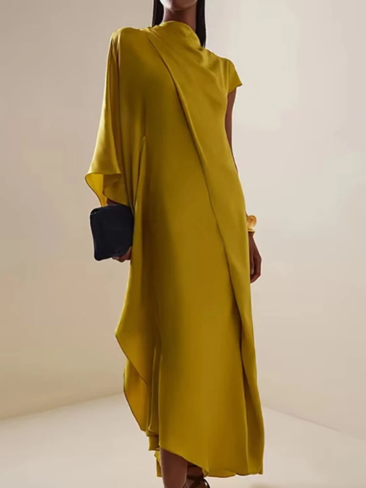 Women Casual Hight Waist Solid Color Satin Dress 2026 Fashion Draped Loose Long Dresses Elegant O-neck Asymmetrical Sleeve Gowns