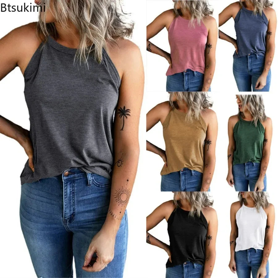 2026 Women's Summer Clothing Top Halter-neck Vest Shirts Women Wear Solid Color Slim-fit Sleeveless Round Neck Blouse For Women