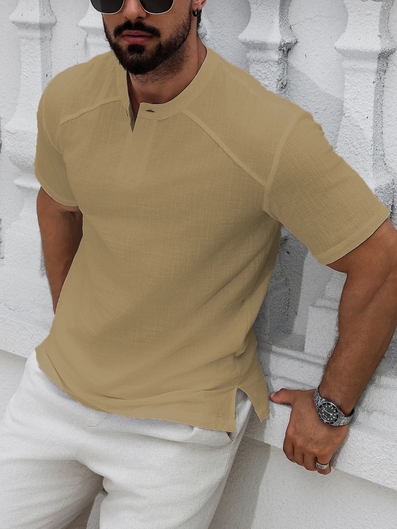 1PCS Mens Linen Short-Sleeved Shirt Top Round-Neck Pullover Casual Solid Color Henry Collar T-Shirt with Buttons Fashion Hippie