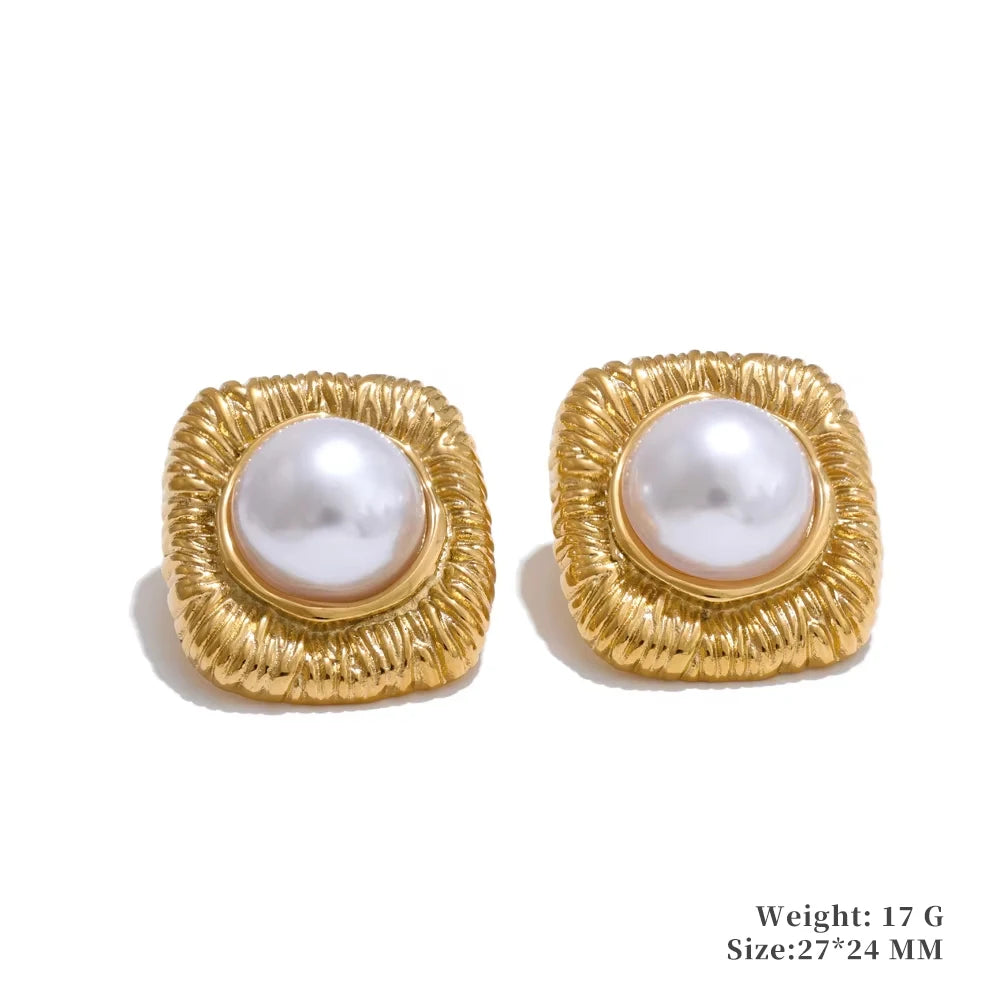 Yhpup Trending Stainless Steel Imitation Pearls Round Square Stud Earrings Korean Daily Versatile Vintage Chic Fashion Jewelry