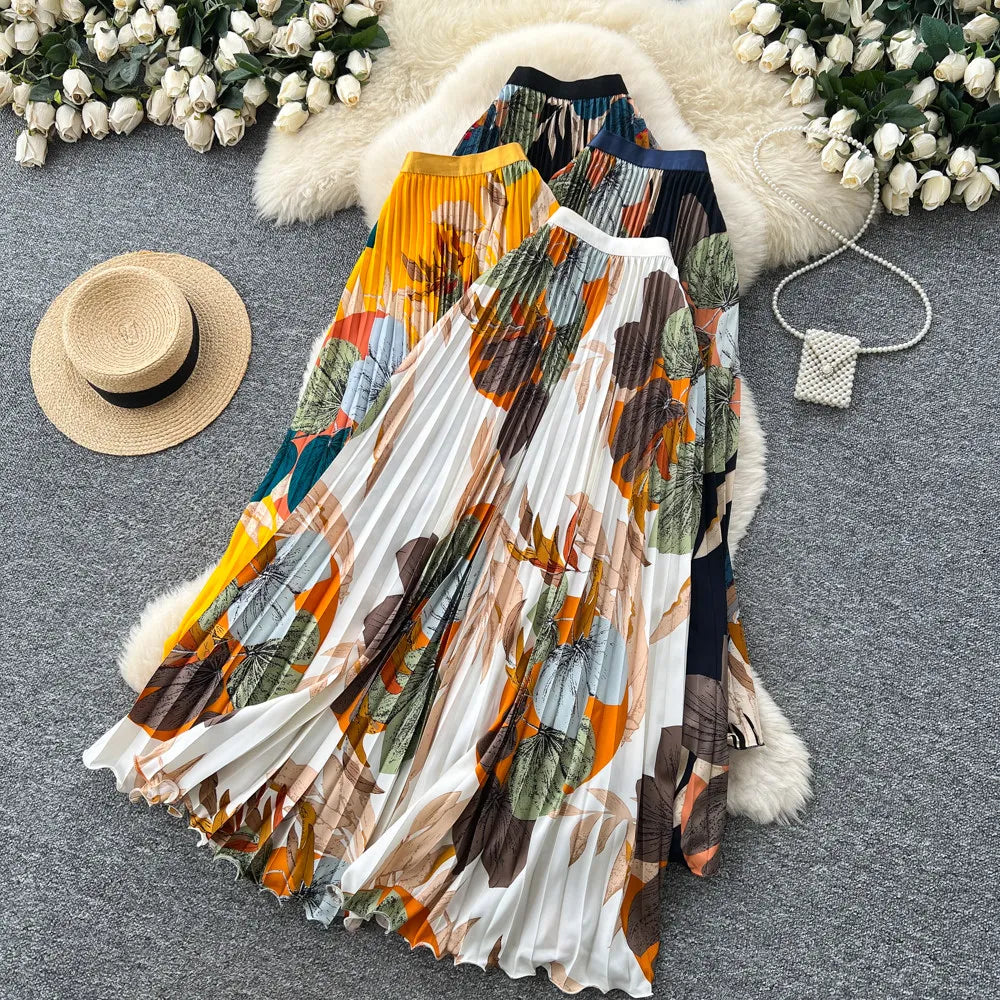 2026 New Summer Women Temperament Vintage All-match Skirt High Waist Printing Medium Length A-line Pleated Big Skirt Skirt