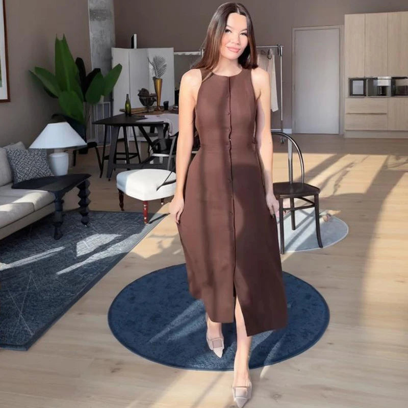 Elegant Hallow Out Long Dress Women Lantern Sleeve Deep V-neck Single Breasted Loose Dresses 2025 Fashion Solid Office Robe Lady