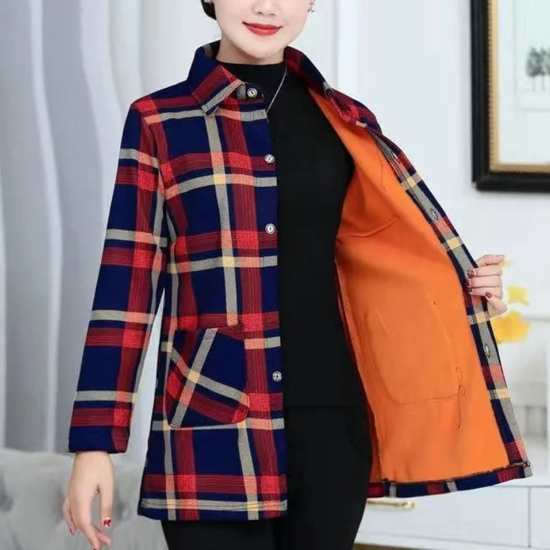 Women's Autumn Winter Long Sleeve Plaid Plus Velvet Shirt Fashion Thick Versatile Elegant Tops Patchwork Pockets Female Clothes