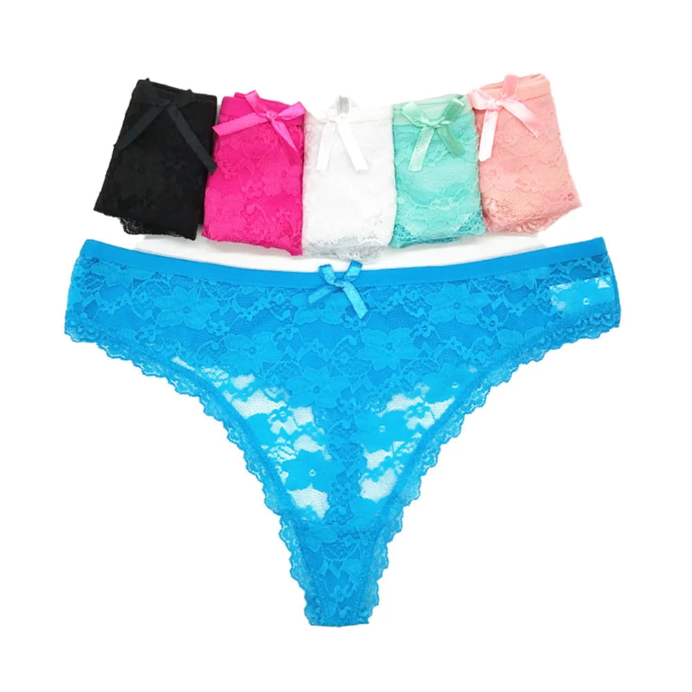 S M L XL XXL Plus Size Sexy Cozy Lace Cotton Thongs Underwear Lingerie for Women Seamless T-back Ladies Transparent G-string 3PC