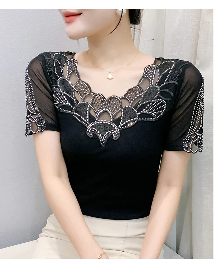 Fashion O-Collar Rhinestone Lace Patchwork Female Top Chic High Elasticity Soft Mesh Short Sleeve Temperament Women's T-Shirt