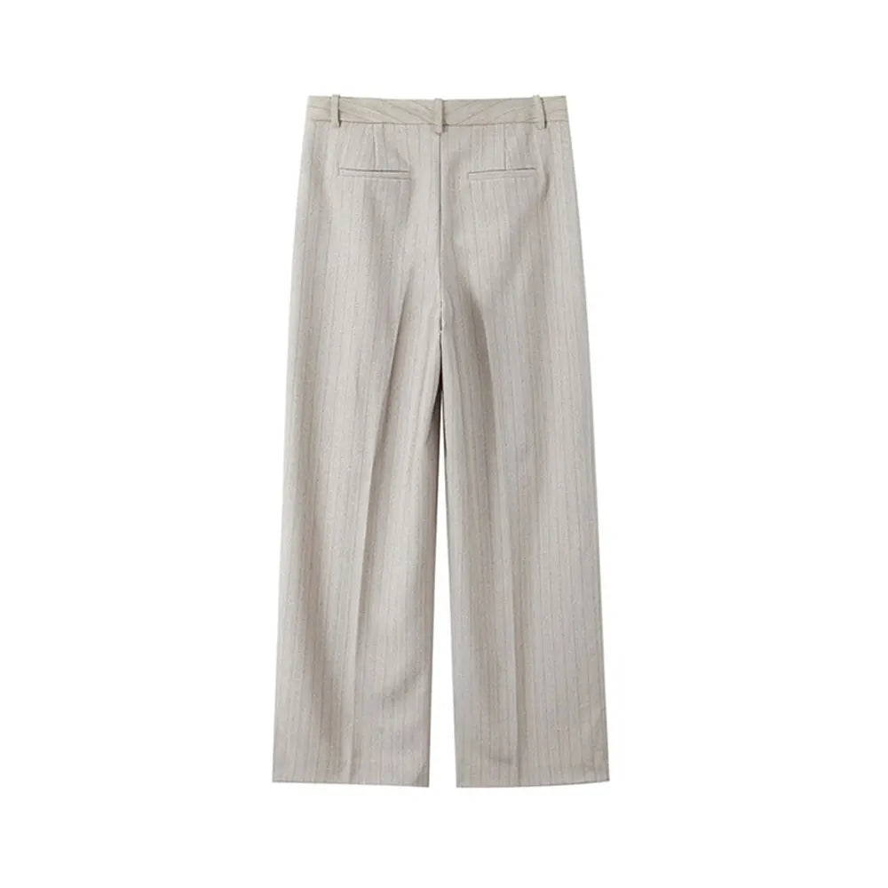 Women Fashion Striped Cropped Waistcoat Top And High Waist Front Dart Wide Leg Pants Female Two Piece Sets Mujer