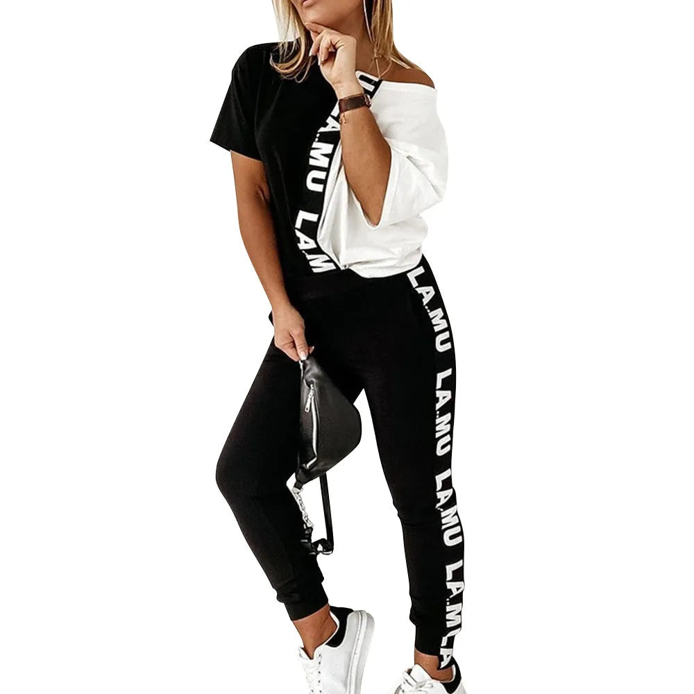 2023 Women's Spring Summer Sportswear Two-piece Set With Patchwork Letters Short Sleeved Long Pants Casual Women's Two-piece Set