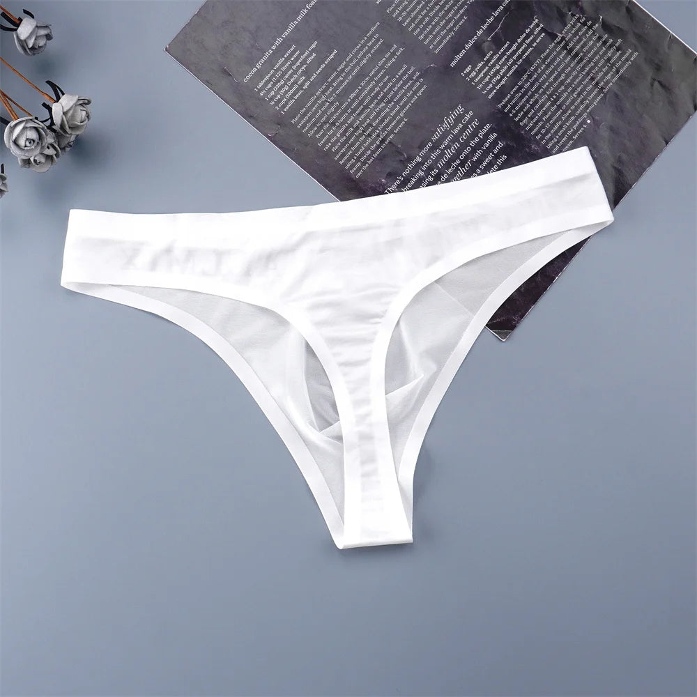 Sexy Transparent Man Ice Silk Underwear Male Thongs Sports Letter Waist Ultra Thin Seamless G-string Panties Low Rise Breathable