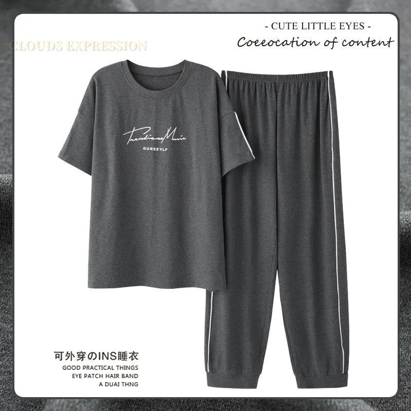 L-5XL Summer Elegant Men Pyjamas Knited Cotton Pajamas Set Long Pant Sleepwear Pyjamas Night Suits Pijamas Plus Size Homewear PJ