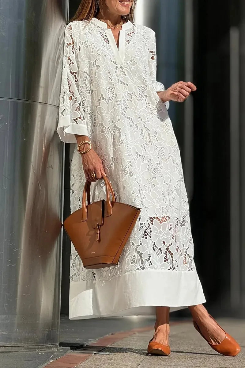 Women's Elegant Fashion Lace Dress White 2025 Spring Summer New Loose V-neck Seven-Point Sleeve Hollowed out Dresses Office Lady
