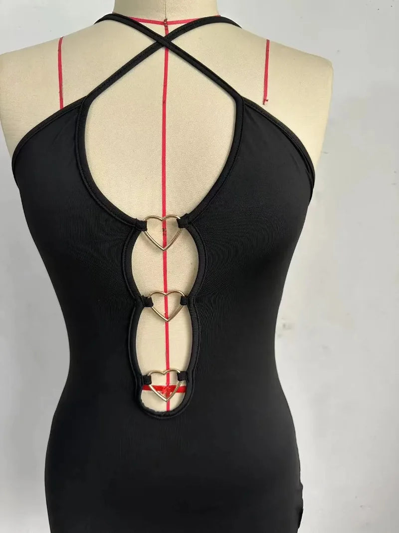 2025 New Love Heart Hollow Out Hanging Neck Backless Dress Women's Pure Desire Cinching Waist Wrap Hip Slim Short Dress LBOA