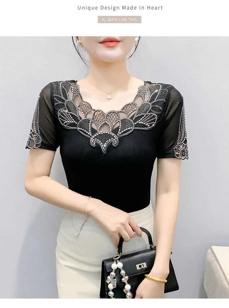 Fashion O-Collar Rhinestone Lace Patchwork Female Top Chic High Elasticity Soft Mesh Short Sleeve Temperament Women's T-Shirt
