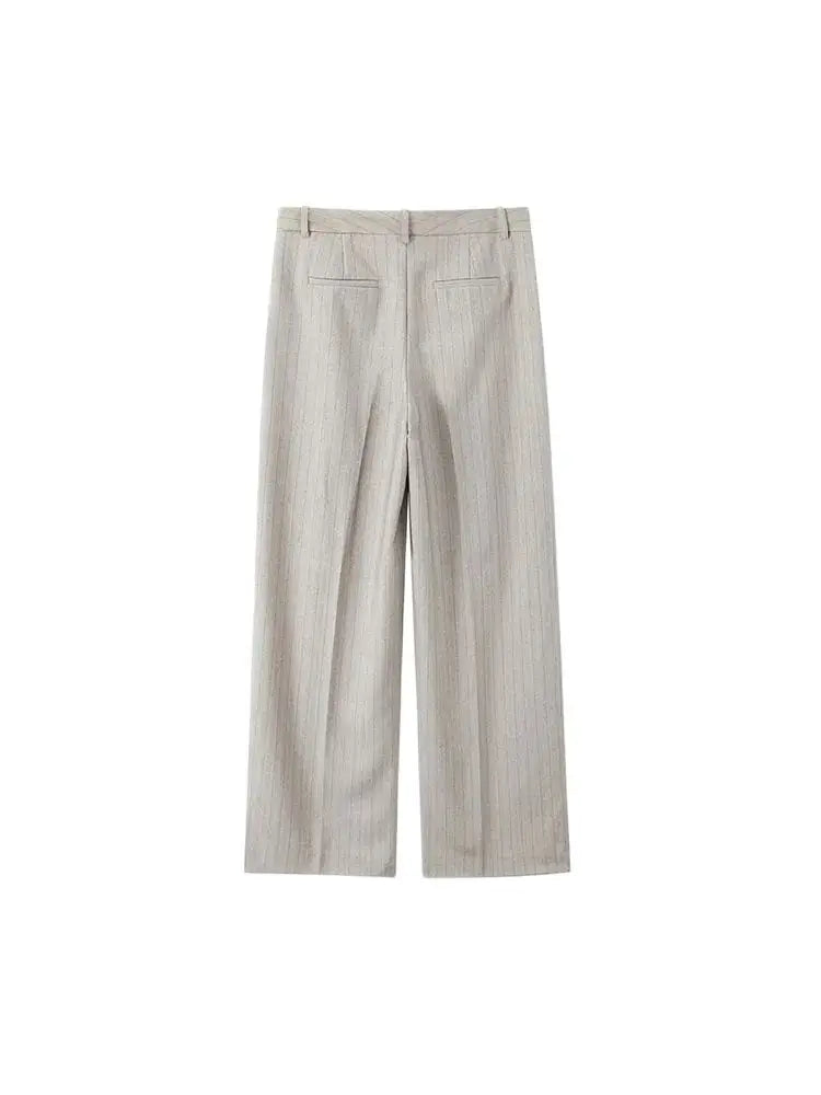 Women Fashion Striped Cropped Waistcoat Top And High Waist Front Dart Wide Leg Pants Female Two Piece Sets Mujer