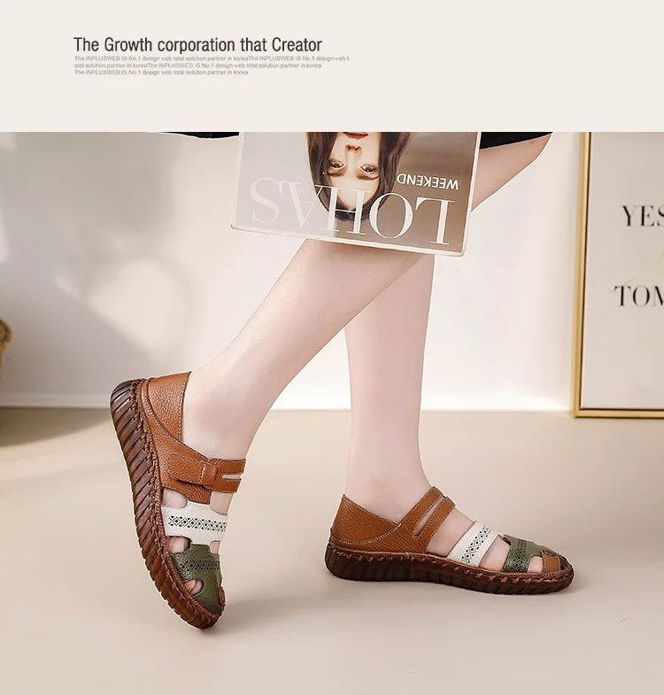 Newest gladiator summer sandals women's big size 43 woman real leather sandals ladies patchwork strap Non-slip flats