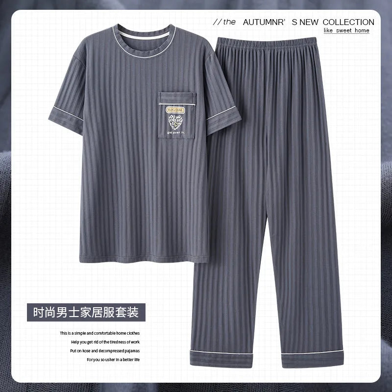 L-5XL Summer Elegant Men Pyjamas Knited Cotton Pajamas Set Long Pant Sleepwear Pyjamas Night Suits Pijamas Plus Size Homewear PJ
