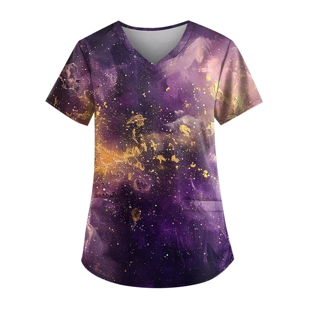 Gradient Printing Nurses Uniforms Women Fashion Short Sleeve V Neck Working Blouse Tops With Pockets Women's Medical Uniform