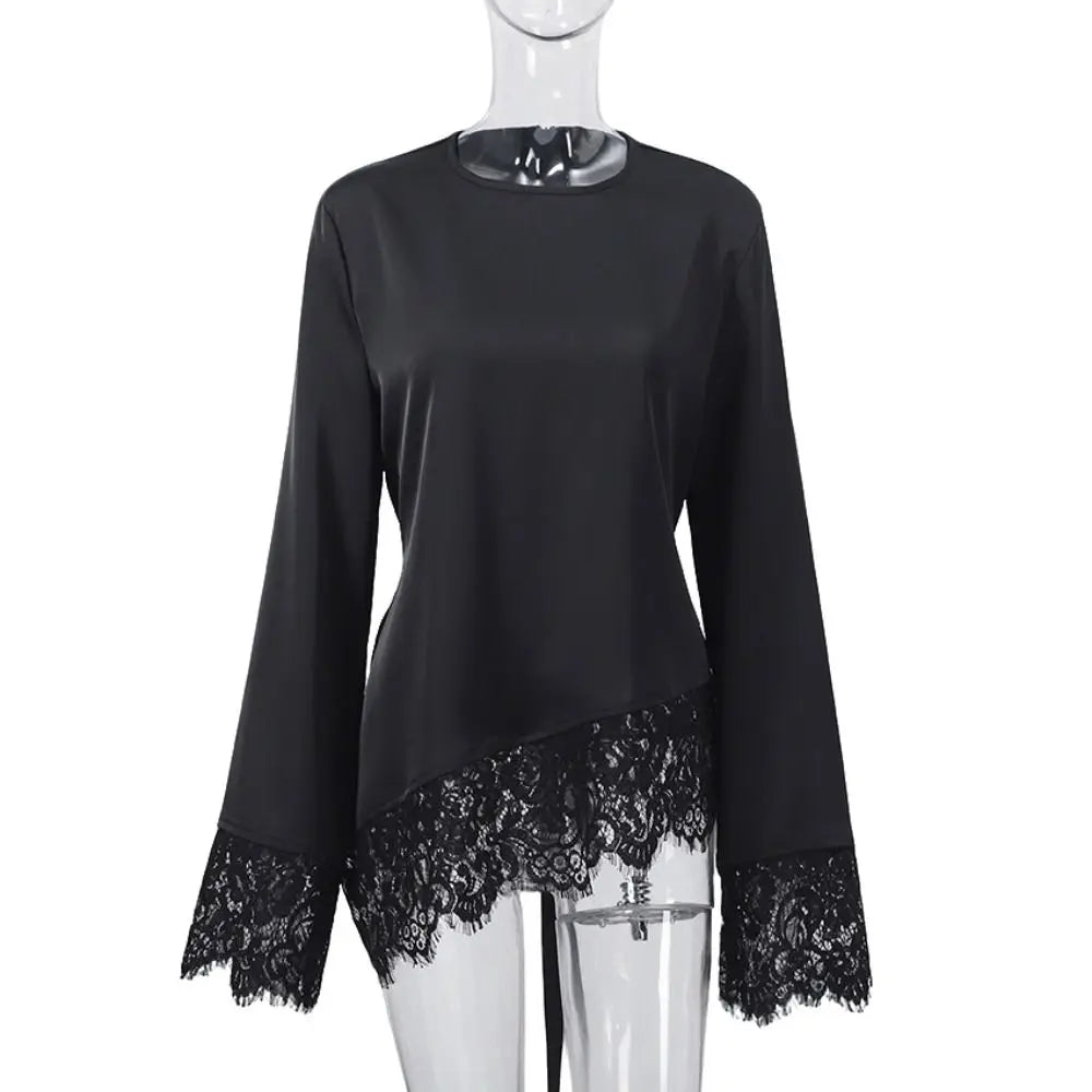Belted Waist Lace Patchwork Top Flare Sleeve Solid Color Lace-up Top Asymmetrical Design Irregular Hemline Satin Blouse Spring