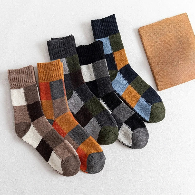5 Pairs Autumn and Winter New Product Checkered Looped Thick Warm Men's Socks Checkered Niche Trend Personalized Mid Tube Socks
