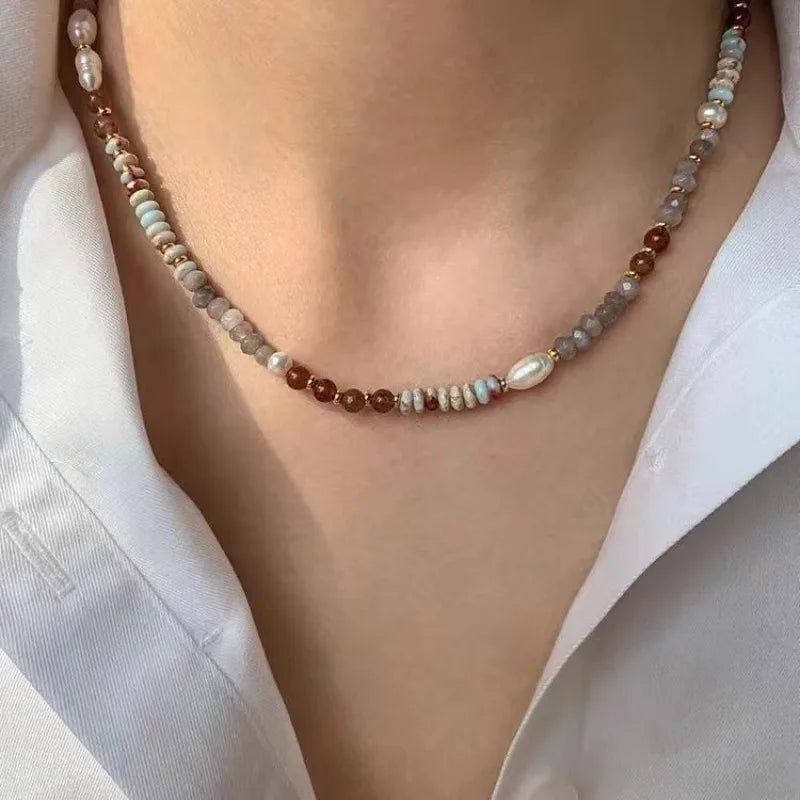 Elegant Handmade Woven Natural Stone Beadeds Chain Pearl Pendant Necklace Luxury Accessories for Women Necks Fashion Jewelry