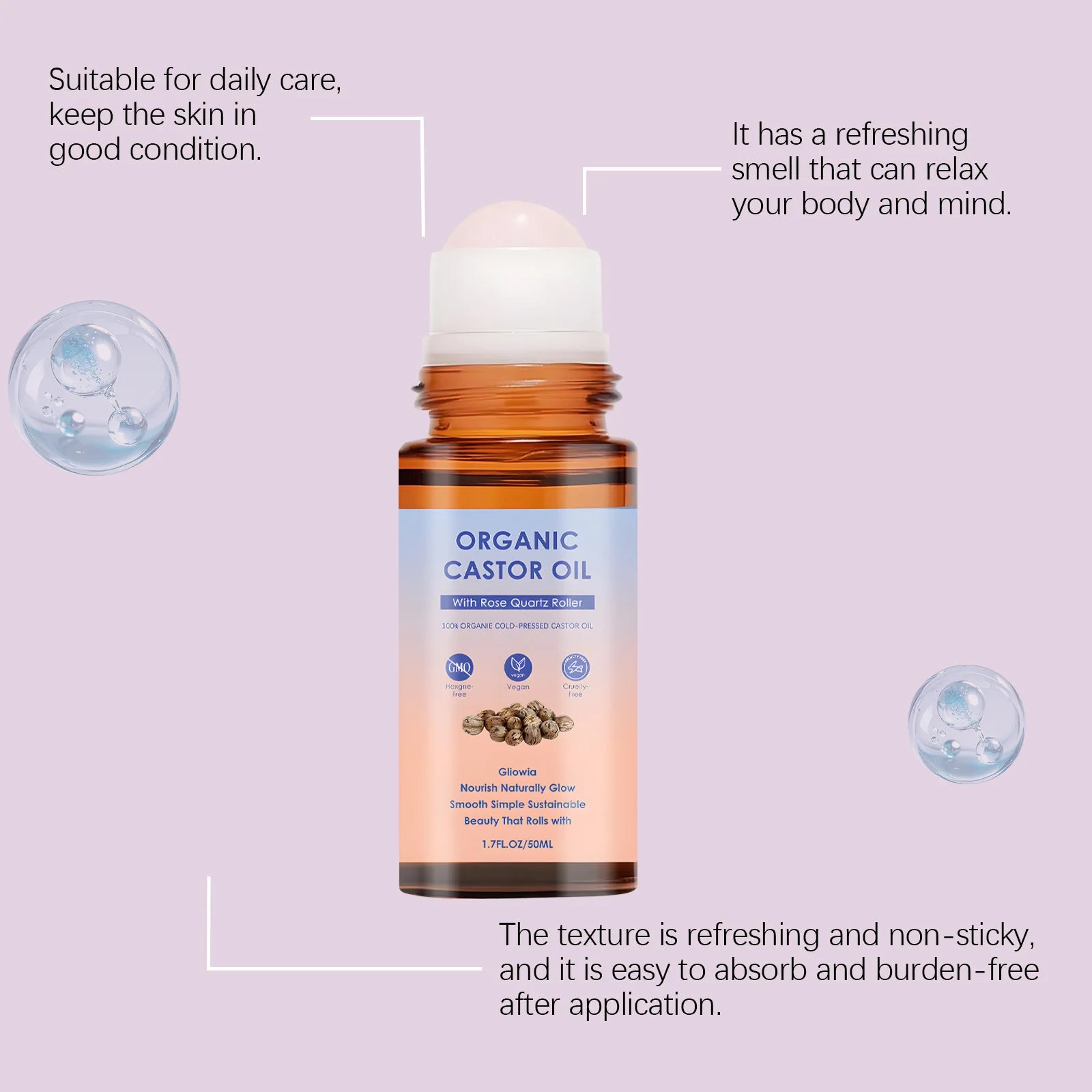 Organic Castor Oil Rose Quartz Roller Ball Moisturizing Skin Barrier Deep Repair Soothing Skin Cold-Pressed Natural Castor Oil