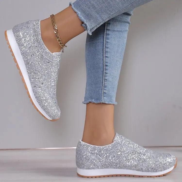 2024 Autumn New Fashion Slip-on Low-heeled Women's Sneakers Gold Silver Trend Sport Shoes Ladies Outdoor Casual Walking Shoes