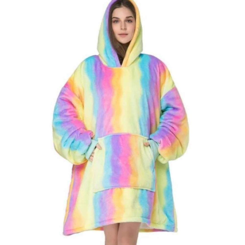 Unisex Flannel Hooded Sweater Blanket Warm Watching TV Large Pocket Weighted Home Use Cozy Blanket Sweater