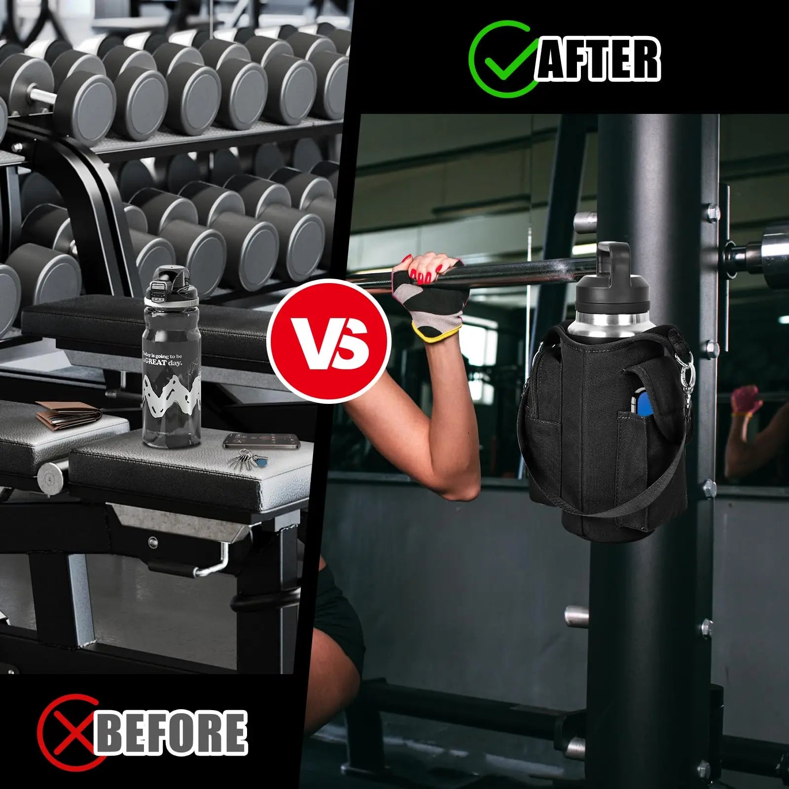 Magnetic Gym Bag Water Bottle Carrier Holder with Phone Pockets & Shoulder Strap,5 Built-in Magnets Gym Bottle Pouch Sleeve