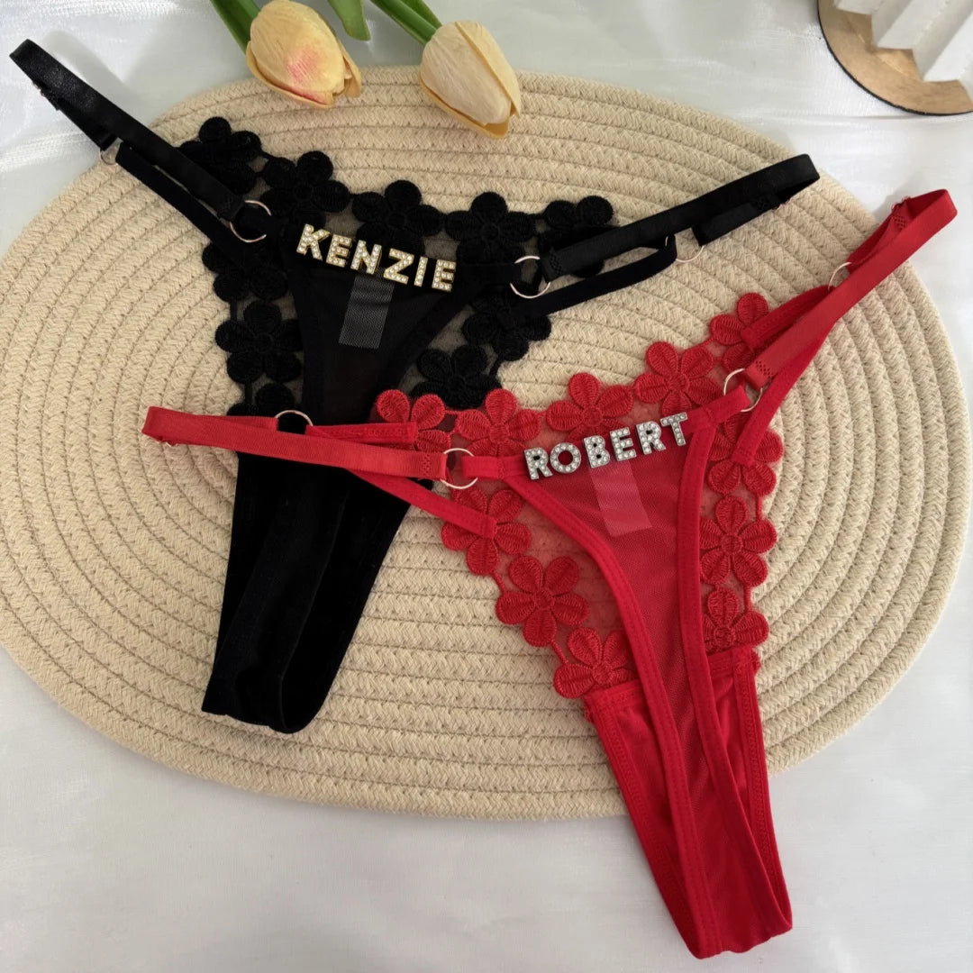 Customized Crystal Letter Sexy Embroidered Women's Low Waist Underwear BikiniG-Strings Adjustable Waist Underwear Hot Wife Gift
