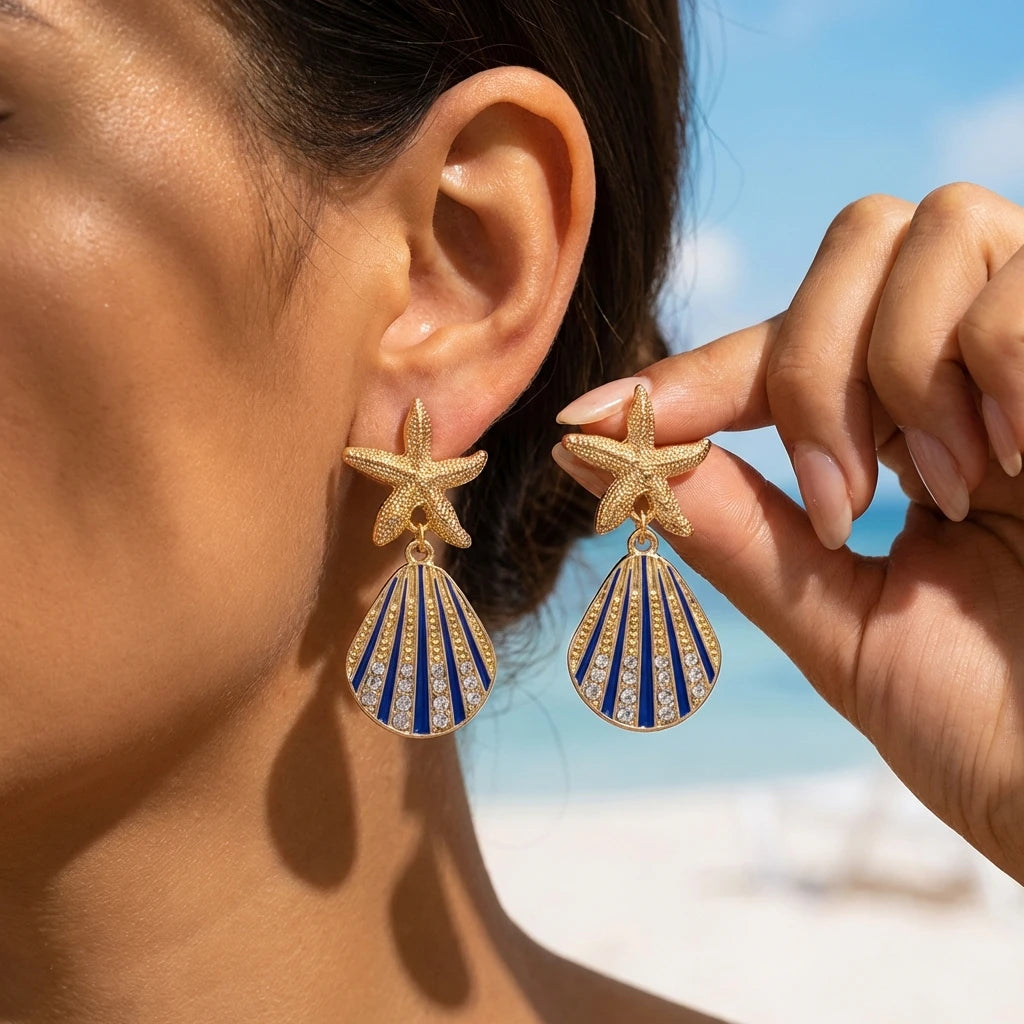 Bohemia Gold Color Metal Starfish Long Tassel Drop Earrings For Women Crystal Zircon Conch Shell Scallops Earring Beach Jewelry