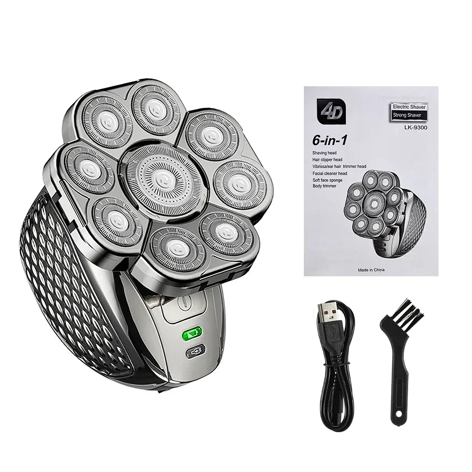 6 in 1 Professional men Waterproof electric shaver with 9 Cutter Floating Head, USB Rechargeable Multifunction Grooming Kit