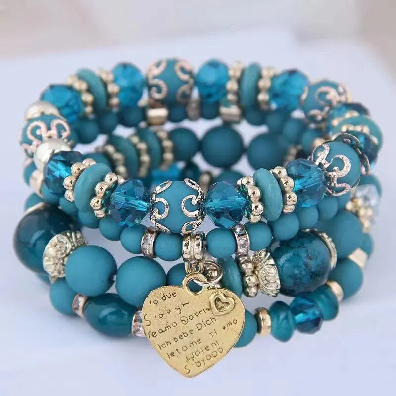 4pcs/set Boho Strand Bracelets For Women Crystal Beads Bracelets Heart Letter Elastic Bangles Wristband Yoga Jewelry Gifts K-