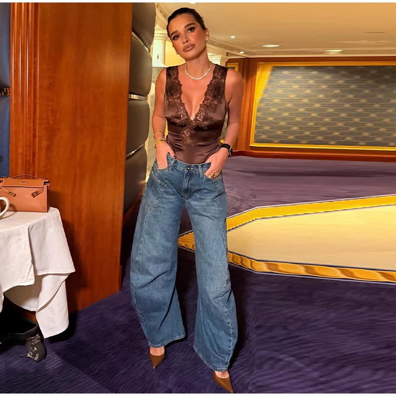 Sexy Lace Spliced Women's Jumpsuits Stain V-neck Sleeveless Slim Waist Cinching Jumpsuit 2026 Spring New Lady High Street Tops