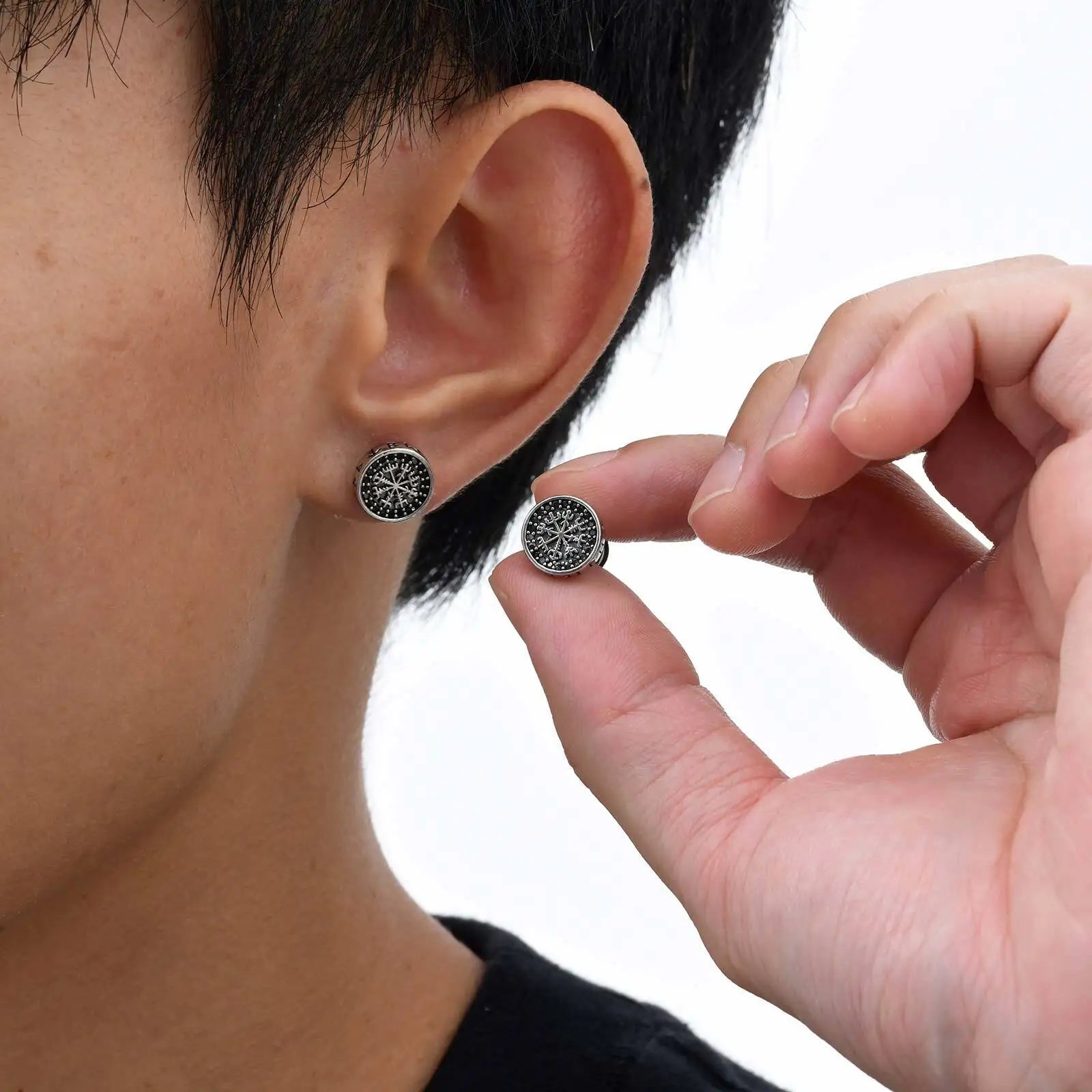 Vintage Viking Stud Earrings for Men Boys,Round Stainless Steel Compass Zircon Earring,Simple Jewelry Gift for Him