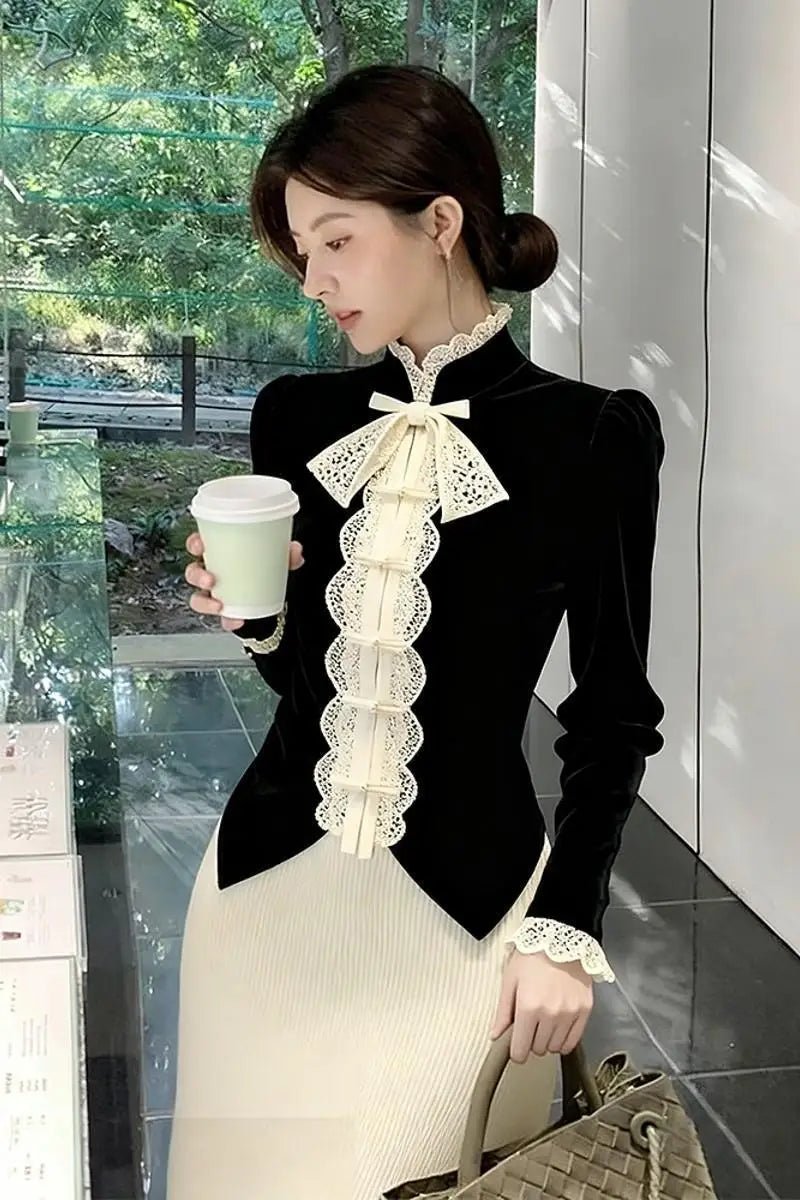French Velvet Shirt Bow Camisas De Mujer Shirts & Blouses Black Top Blusas Roupas Femininas Designer Luxury Trend  Chemise Femme