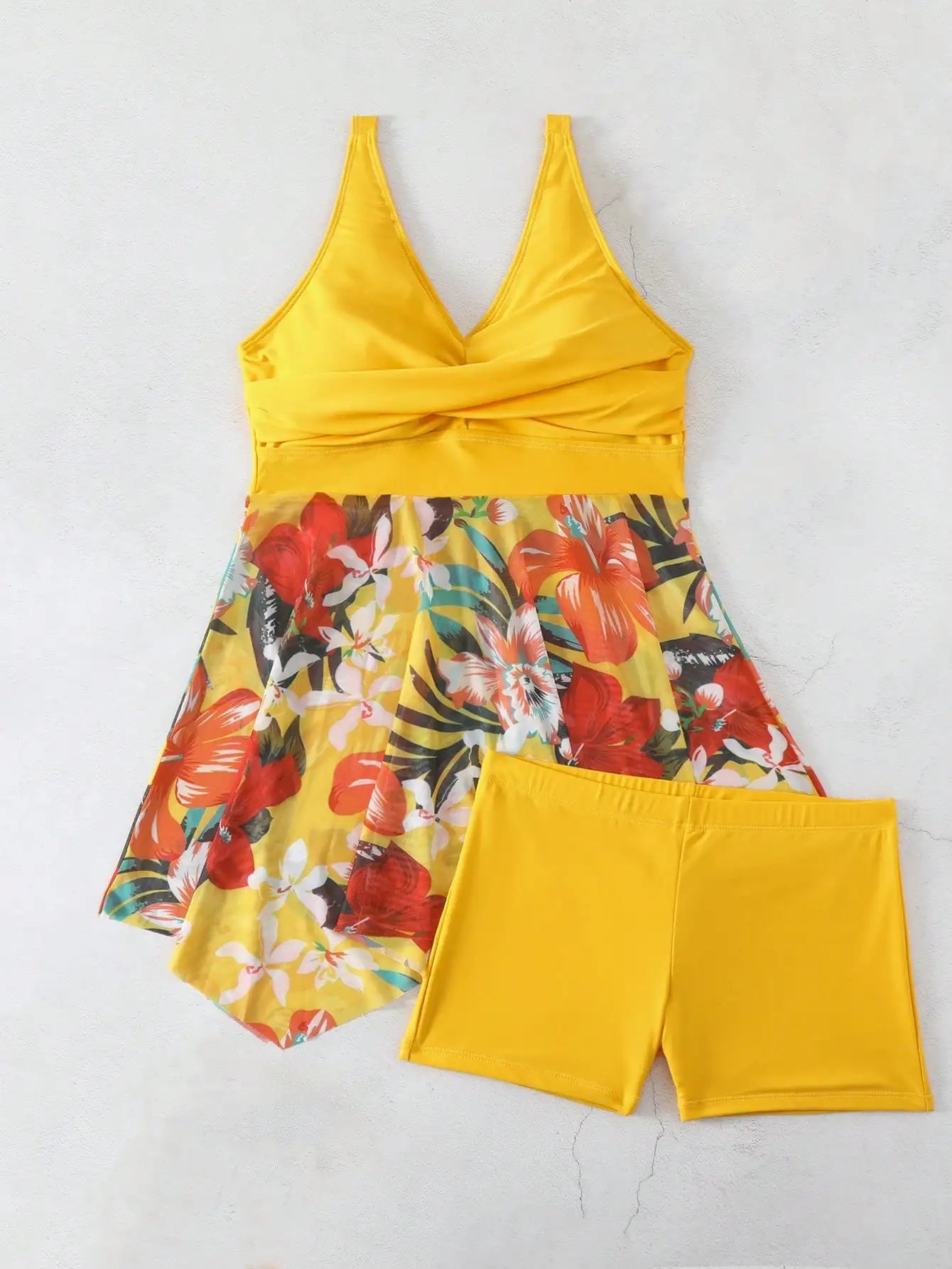 Digital printed swimsuit conservative tankini one-piece women's swimsuit mesh skirt flat corner two-piece set beach vacation swi