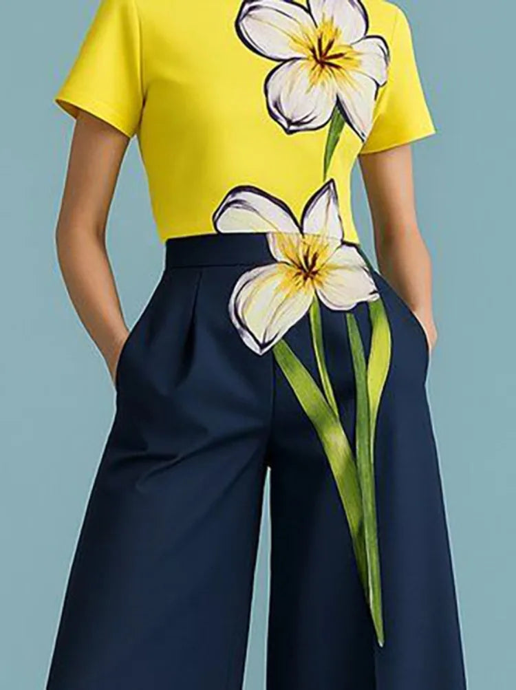Women's 2026 New Summer Fashion  Floral Printed Tops Short Sleeves Round Neck Slim-Fit Casual Fashion Yellow T-shirts