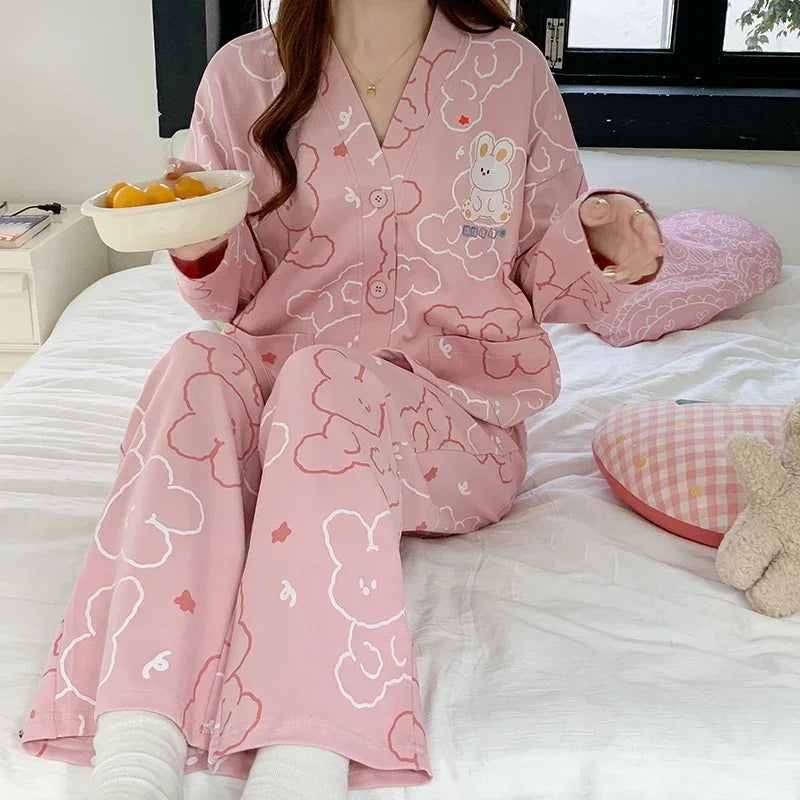 Elizabeth Duck Japanese Kimono Autumn Winter Women Pajamas Sets Faux Cotton Long Sleeves Homesuits Casual V-neck Lapel Sleepwear