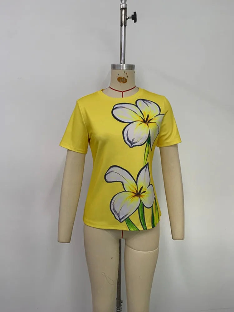 Women's 2026 New Summer Fashion  Floral Printed Tops Short Sleeves Round Neck Slim-Fit Casual Fashion Yellow T-shirts